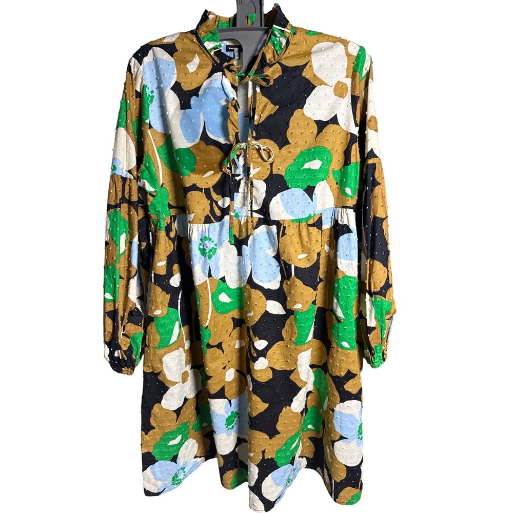 Who What Wear Floral Swiss Dot Babydoll Dress Green Mustard Blue Long Sleeve M